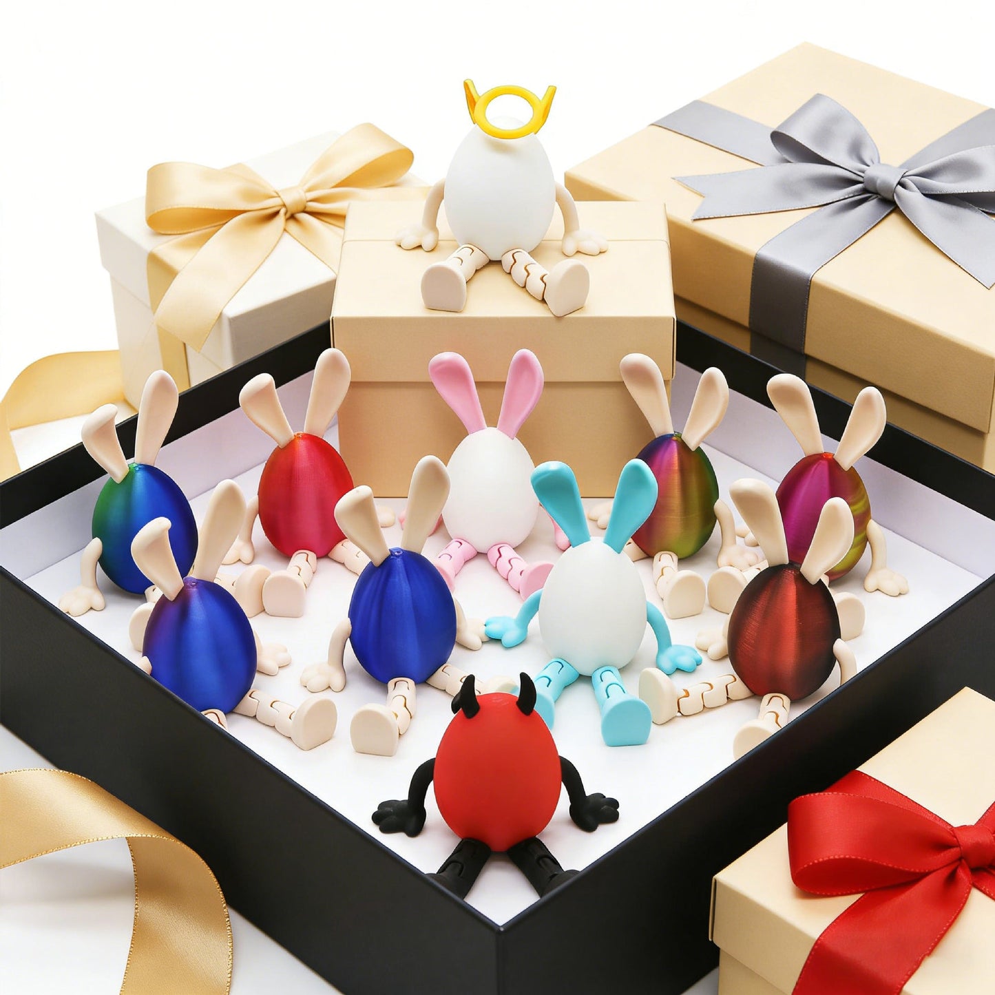 3-Piece Cool and colorful Easter Figurine Set â Identical Poseable Egg-Shaped Toys for Holiday Display and Interactive Play.