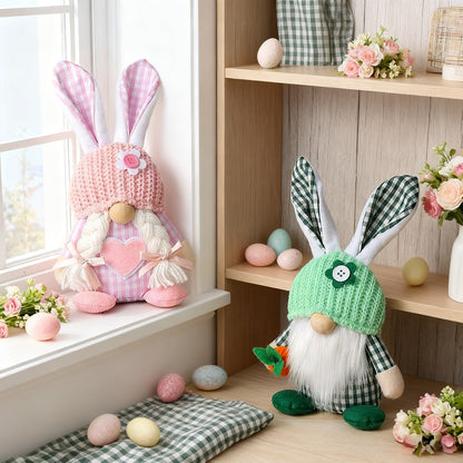 Pink Easter Plush Bunny Gnome Figurine â Decorative Doll with Long Hair and Checkered Ears for Home Display.