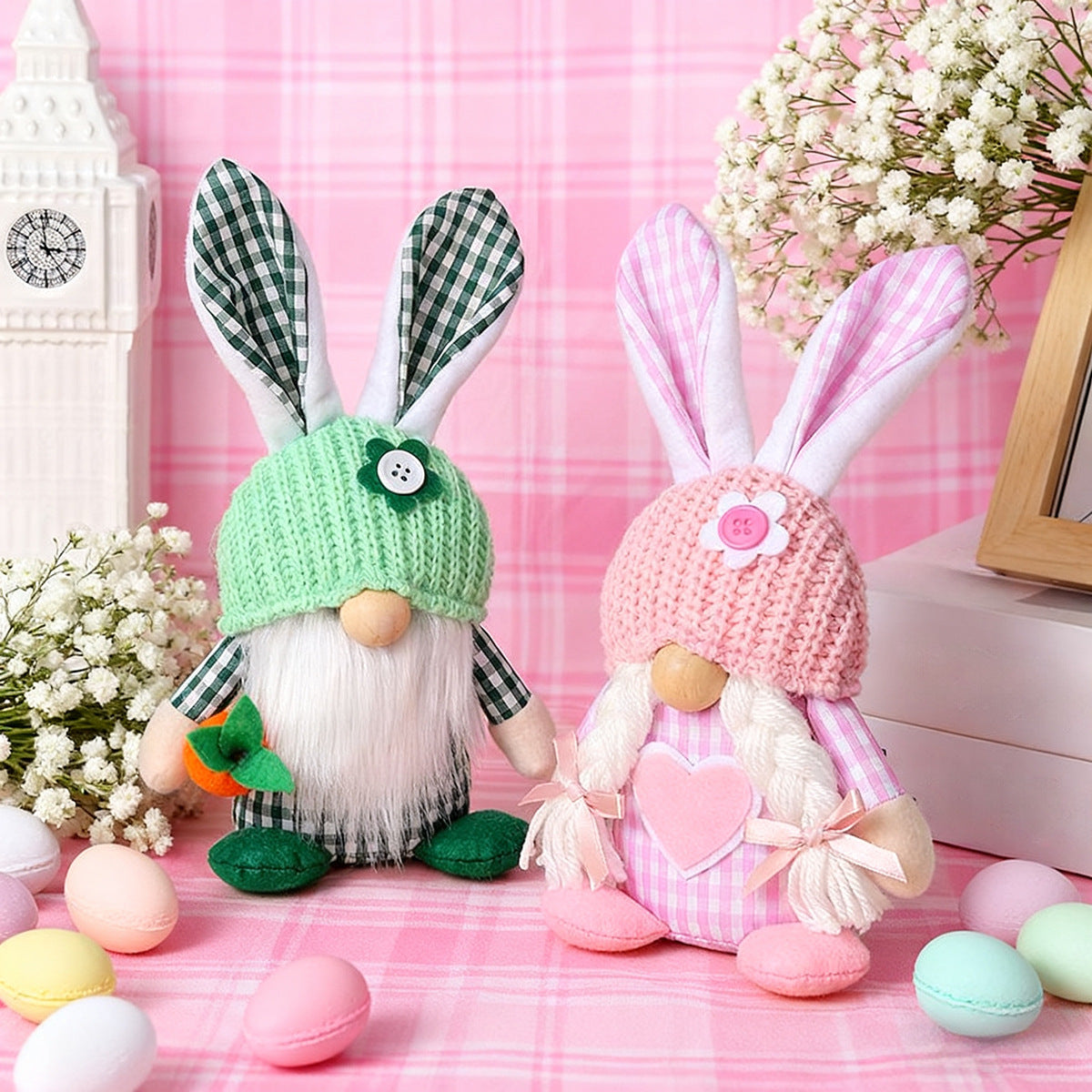 Pink Easter Plush Bunny Gnome Figurine â Decorative Doll with Long Hair and Checkered Ears for Home Display.