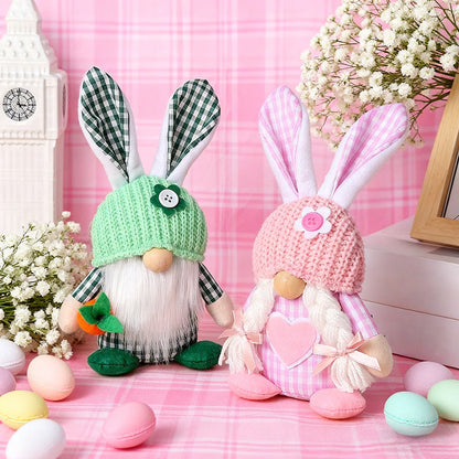 Pink Easter Plush Bunny Gnome Figurine â Decorative Doll with Long Hair and Checkered Ears for Home Display.