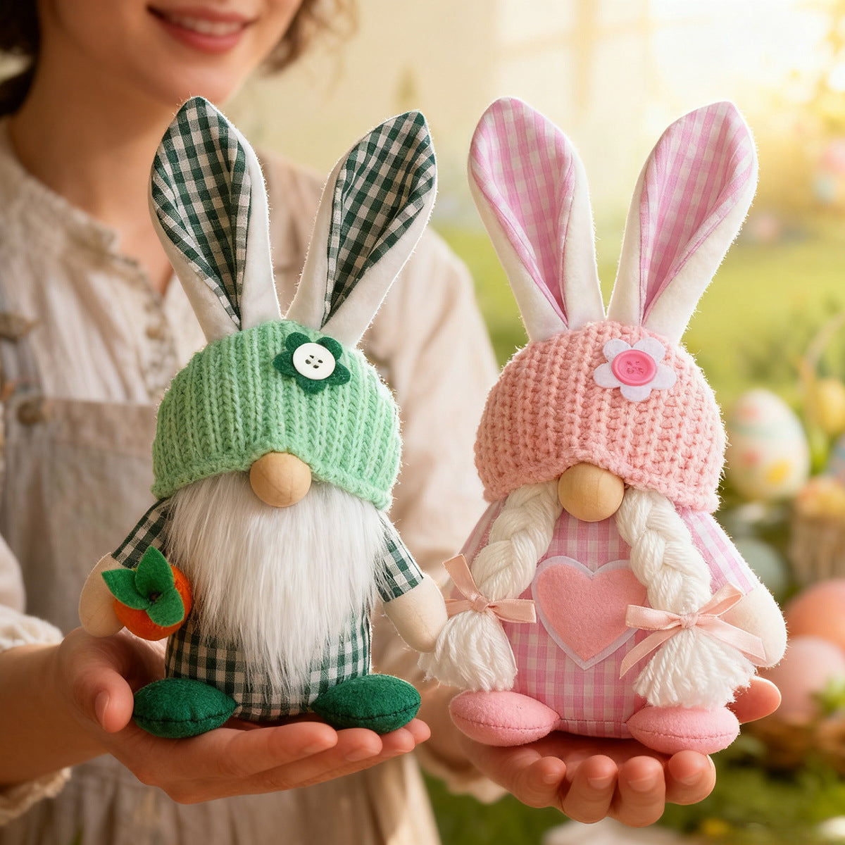 Pink Easter Plush Bunny Gnome Figurine â Decorative Doll with Long Hair and Checkered Ears for Home Display.