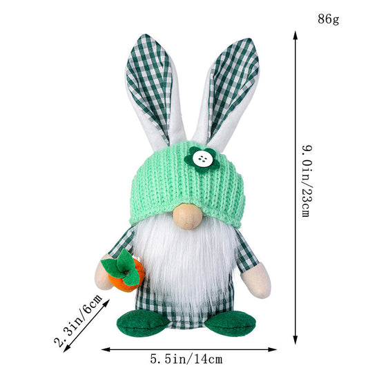 Green Easter Plush Bunny Gnome Figurine â Decorative Doll with Long Hair and Checkered Ears for Home Display.