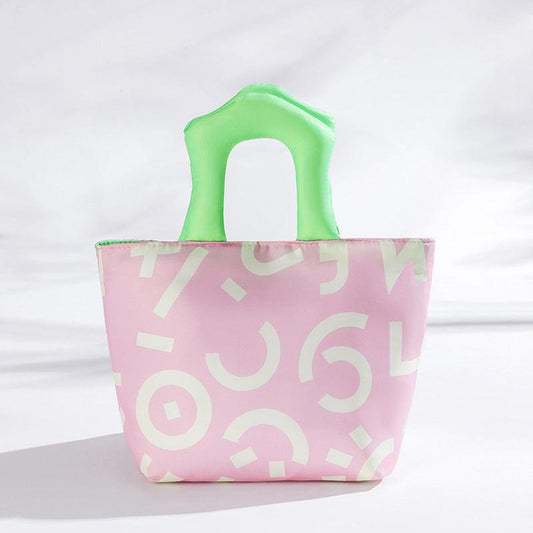 Pink Insulated Lunch Bag â Multi-Color Printed Tote with Padded Handle for Students & Office Workers.