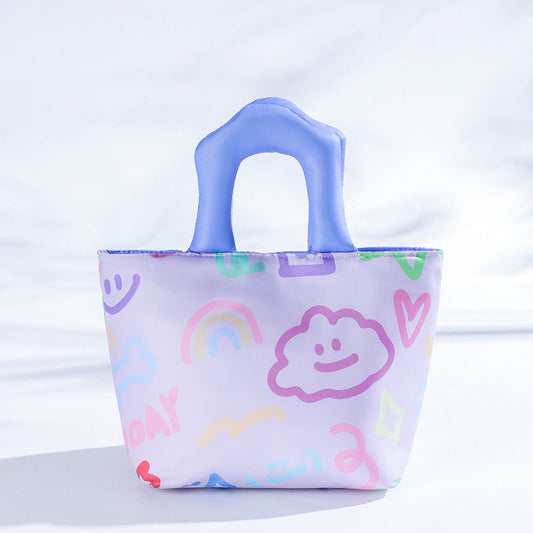 Purple Insulated Lunch Bag â Multi-Color Printed Tote with Padded Handle for Students & Office Workers.