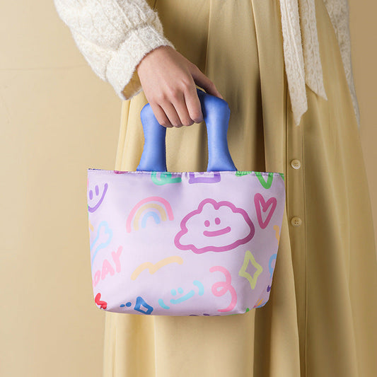 Purple Insulated Lunch Bag â Multi-Color Printed Tote with Padded Handle for Students & Office Workers.