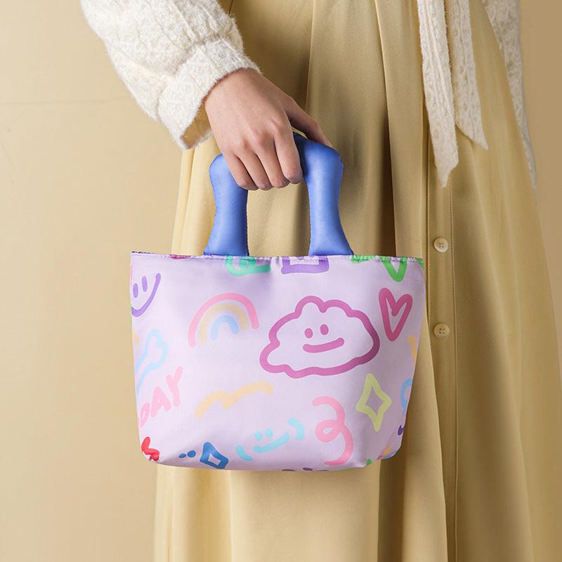 Blue and pink handbag Insulated Lunch Bag â Multi-Color Printed Tote with Padded Handle for Students & Office Workers.