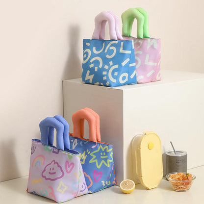 Blue and pink handbag Insulated Lunch Bag â Multi-Color Printed Tote with Padded Handle for Students & Office Workers.