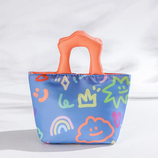 Blue and orange handbag Insulated Lunch Bag â Multi-Color Printed Tote with Padded Handle for Students & Office Workers.