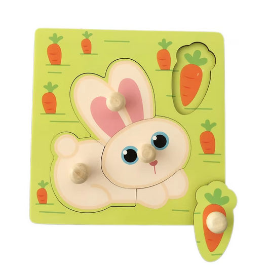 Rabbit Hand-Grip Puzzle Board â Educational Shape Matching Toy for Early Learning, 14.5cm Square Design.