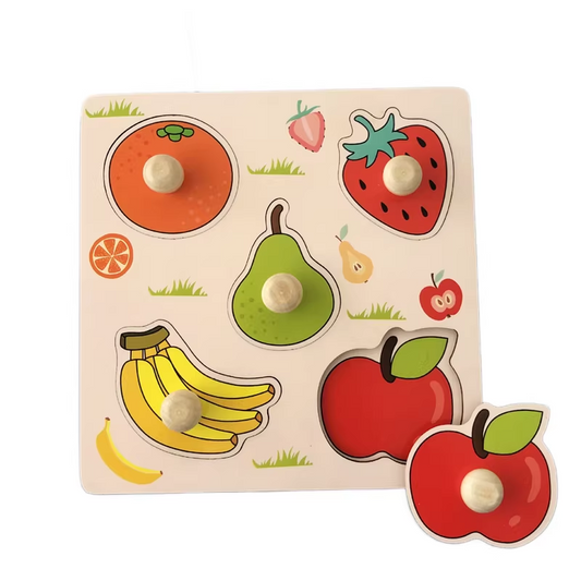 Fruit Hand-Grip Puzzle Board â Educational Shape Matching Toy for Early Learning, 14.5cm Square Design.