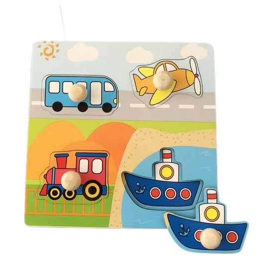 Transport Hand-Grip Puzzle Board â Educational Shape Matching Toy for Early Learning, 14.5cm Square Design.