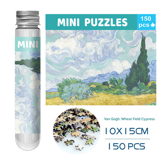 2 PCS 150-Piece Mini Puzzle in Reusable Tube â Compact Jigsaw for Home or Travel, Frame Not Included(136-Wheat Fields and Cypress Trees).