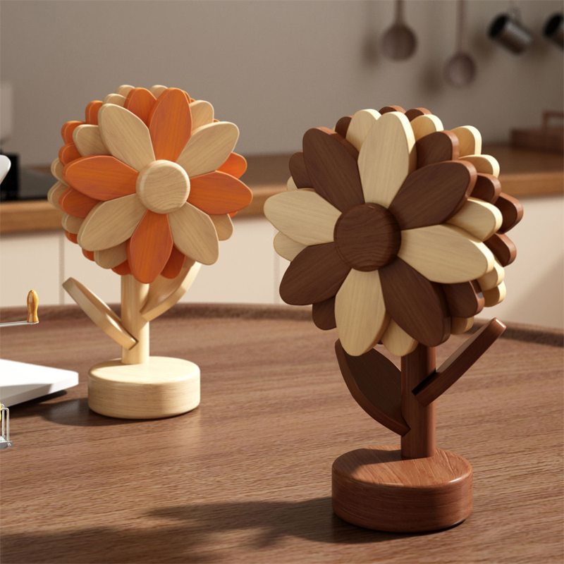 5-Piece Floral-Shaped Trivet Set with Stand – Wooden Heat Resistant Pad for Table, Dish, Pot or Cup(Walnut and beech two-tone)