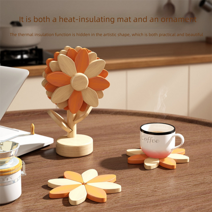 5-Piece Floral-Shaped Trivet Set with Stand – Wooden Heat Resistant Pad for Table, Dish, Pot or Cup(Walnut and beech two-tone)
