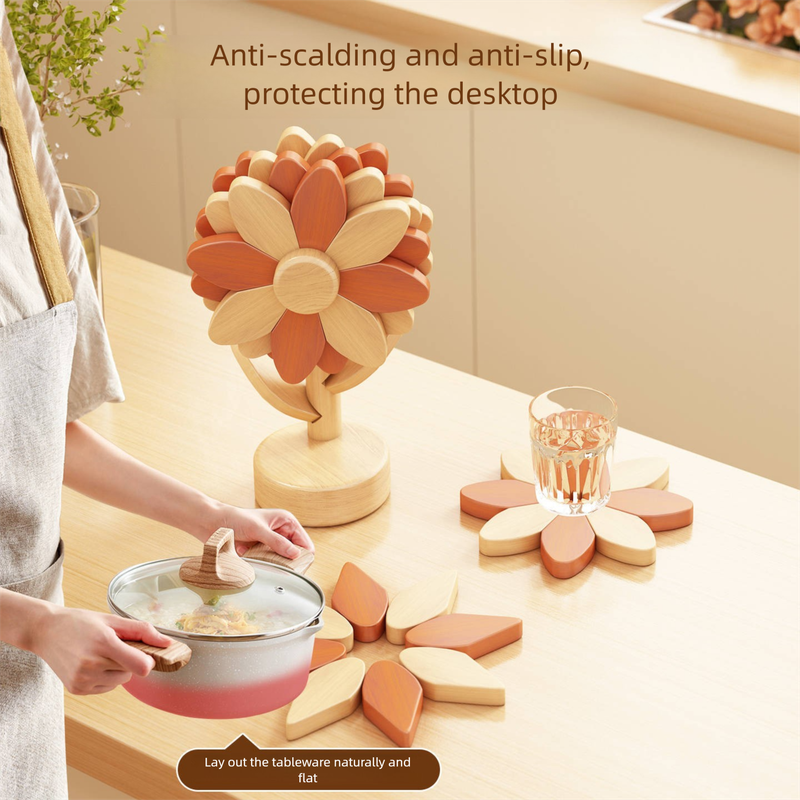 5-Piece Floral-Shaped Trivet Set with Stand – Wooden Heat Resistant Pad for Table, Dish, Pot or Cup(Walnut and beech two-tone)