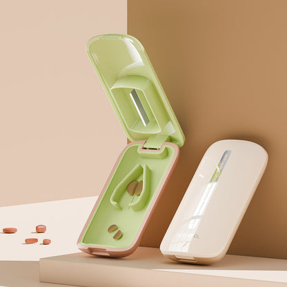 2-Pack Brown Portable Pill Splitter Set – Dual-Function Medication Divider with Stainless Steel Blade and Removable Silicone Liner