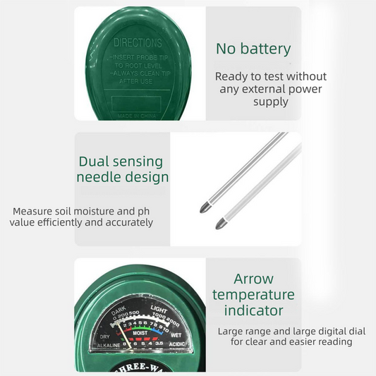 3-in-1 Soil Tester Meter for Moisture, pH and Light Intensity – Battery-Free Analog Probe for Gardening, Farming and Plant Care