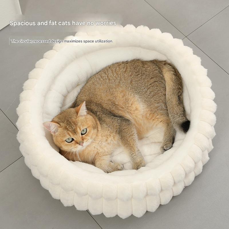 White Plush Round Pet Bed with Removable Cushion M Size, Thickened Warm Dog and Cat Nest for Small to Medium Pets, Cozy and Soft Sleeping Space for Home Use