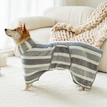 Red Stripes Super Absorbent Pet Bathrobe with Waist Belt & Neck Snap - Full Coverage Quick-Drying Towel for Dogs & Cats (S Size)