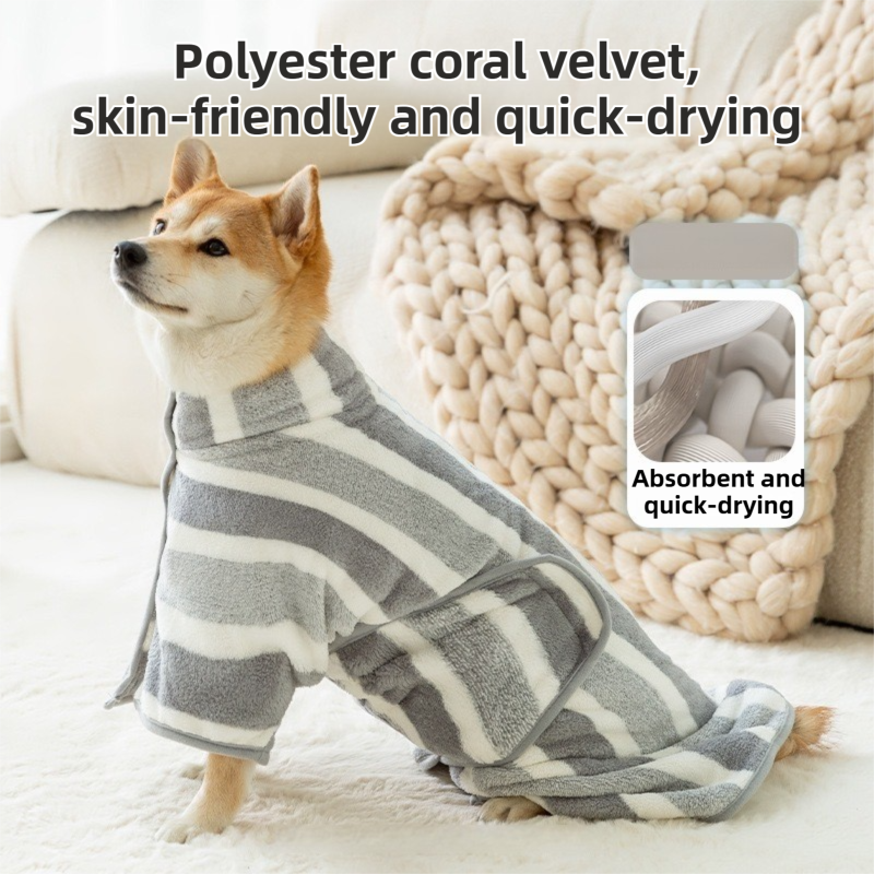Red Stripes Super Absorbent Pet Bathrobe with Waist Belt & Neck Snap - Full Coverage Quick-Drying Towel for Dogs & Cats (S Size)