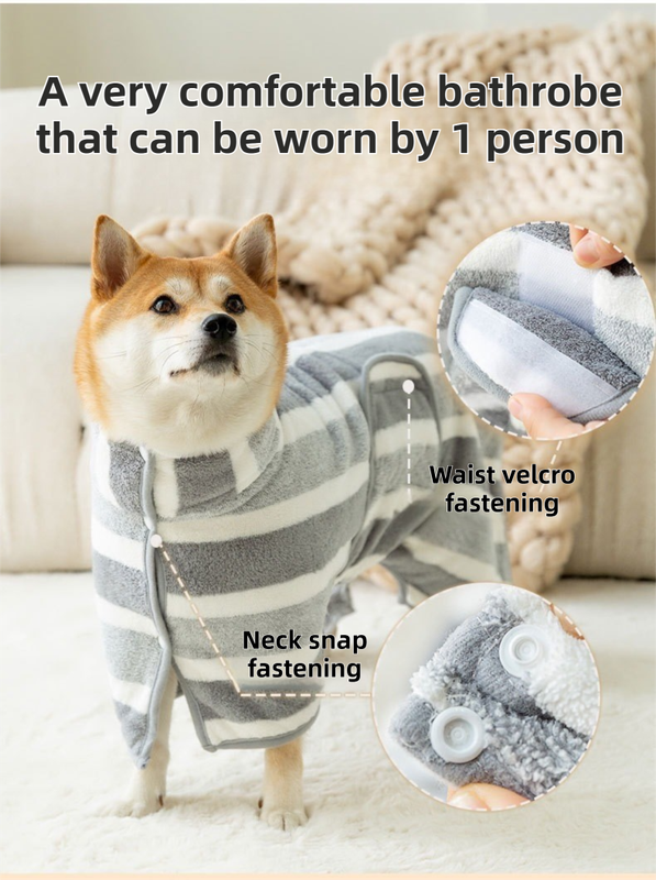Red Stripes Super Absorbent Pet Bathrobe with Waist Belt & Neck Snap - Full Coverage Quick-Drying Towel for Dogs & Cats (S Size)