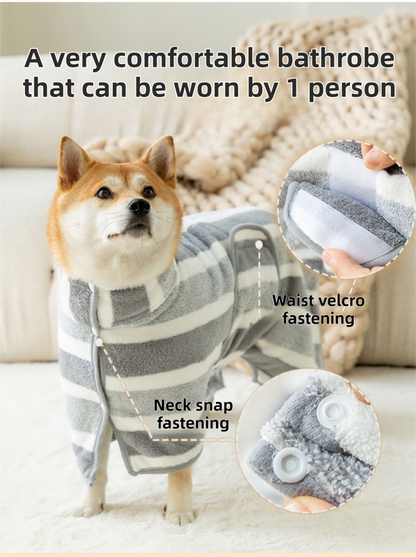 Red Stripes Super Absorbent Pet Bathrobe with Waist Belt & Neck Snap - Full Coverage Quick-Drying Towel for Dogs & Cats (S Size)