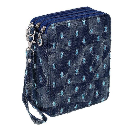 Portable 78-Slot Oxford Cloth Colored Pencil Zipper Case - Large Capacity Sketching & Drawing Stationery Pouch (Denim Sequins).