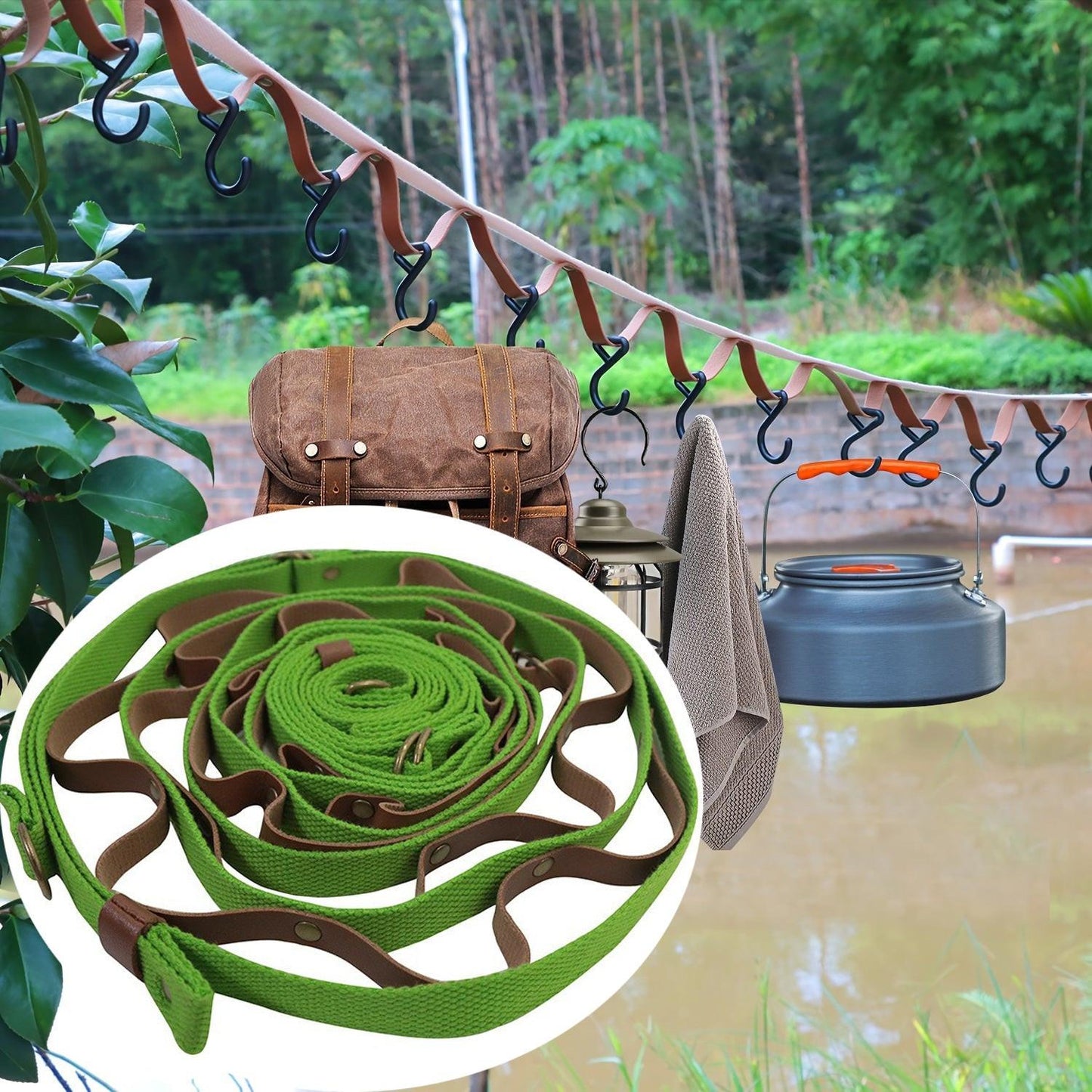 Green and Brown 5.3M Heavy Duty PU Leather Camping Lanyard with 19 Carabiners  - Portable Outdoor Clothesline for Tents & Canopies.