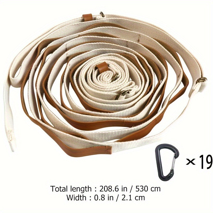 Khaki 5.3M Heavy Duty PU Leather Camping Lanyard with 19 Carabiners  - Portable Outdoor Clothesline for Tents & Canopies.