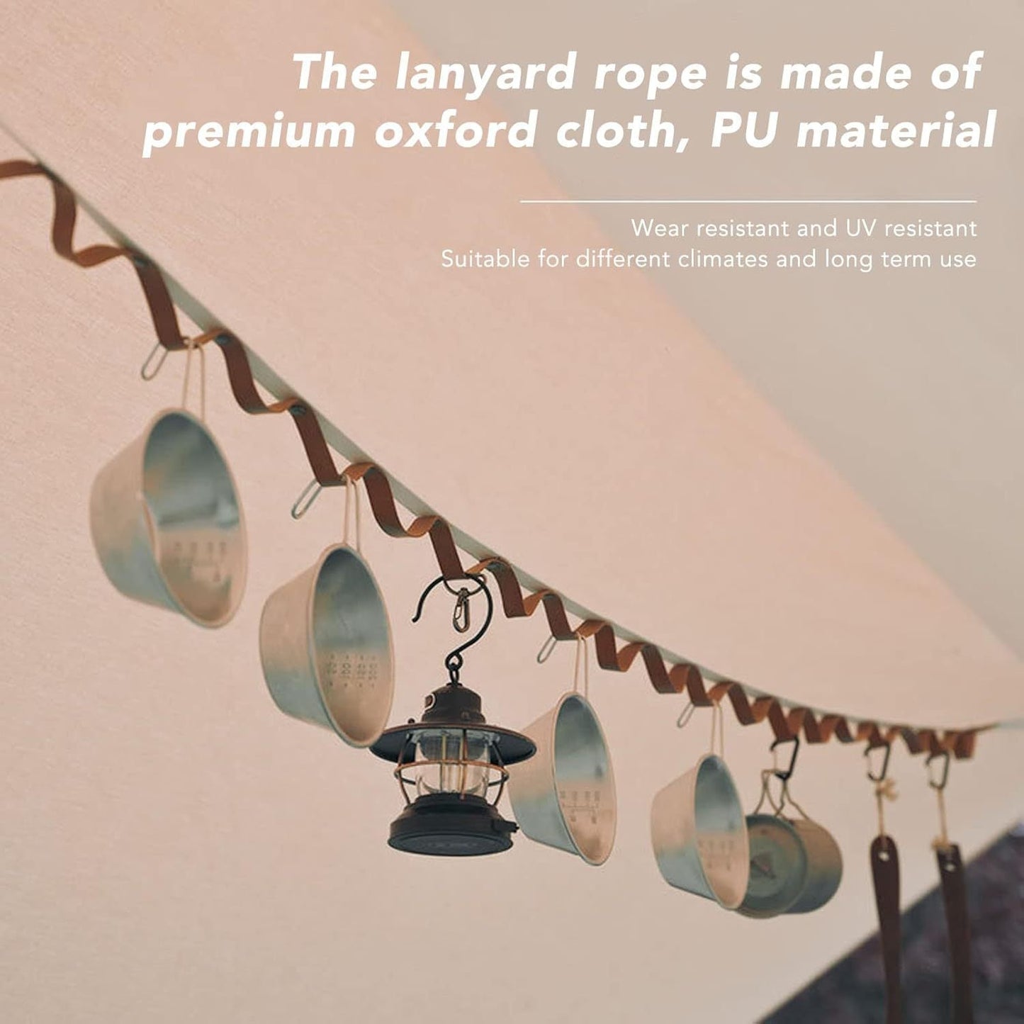 Khaki 5.3M Heavy Duty PU Leather Camping Lanyard with 19 Carabiners  - Portable Outdoor Clothesline for Tents & Canopies.