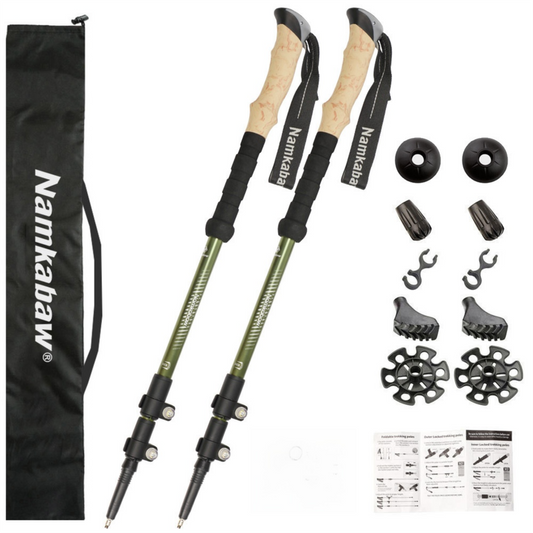 2-Pack Green Aluminum Alloy Telescopic Trekking Poles with Secure External Lock & Accessory - 3-Section Adjustable Hiking Sticks(65-135cm).