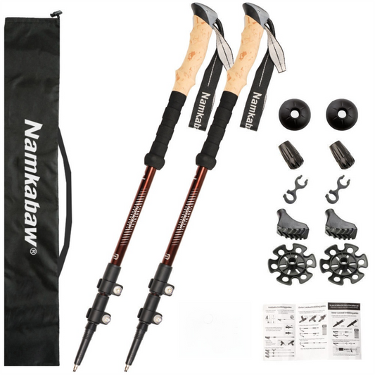 2-Pack Brown Aluminum Alloy Telescopic Trekking Poles with Secure External Lock & Accessory - 3-Section Adjustable Hiking Sticks(65-135cm).