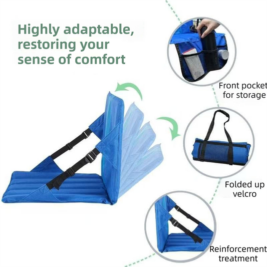 Blue Foldable Stadium Seat Cushion with Backrest & Storage Pockets - Portable Roll-Up Outdoor Waterproof Oxford Cloth Bleacher Chair