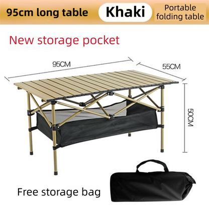 95CM Khaki Portable Folding Egg Roll Camping Table + 4-Pack 36CM Chairs with Storage Bag & Mesh Net- Heavy-Duty Carbon Steel Picnic Table for 4-6 People.