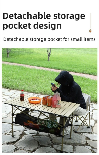 95CM Khaki Portable Folding Egg Roll Camping Table + 4-Pack 36CM Chairs with Storage Bag & Mesh Net- Heavy-Duty Carbon Steel Picnic Table for 4-6 People.