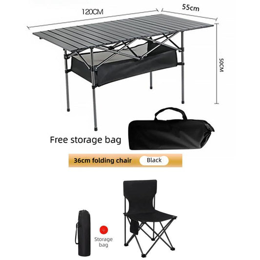 120CM Black Portable Folding Egg Roll Camping Table + 4-Pack 36CM Chairs with Storage Bag & Mesh Net- Heavy-Duty Carbon Steel Picnic Table for 6-8 People.