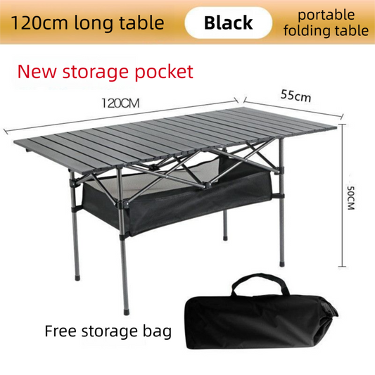 120CM Black Portable Folding Egg Roll Camping Table + 4-Pack 36CM Chairs with Storage Bag & Mesh Net- Heavy-Duty Carbon Steel Picnic Table for 6-8 People.
