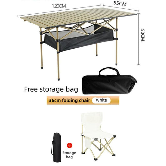 120CM Khaki Portable Folding Egg Roll Camping Table + 4-Pack 36CM Chairs with Storage Bag & Mesh Net- Heavy-Duty Carbon Steel Picnic Table for 6-8 People.