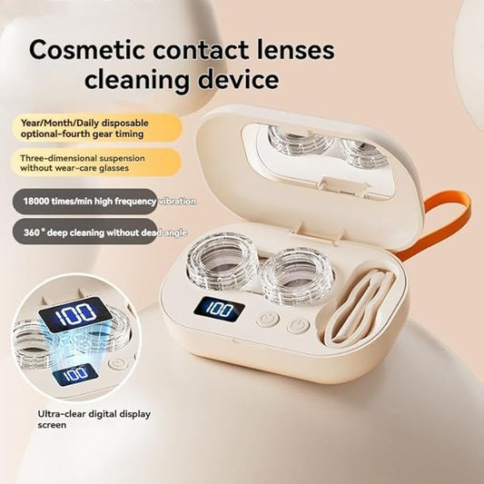 Smart High-Frequency Ultrasonic Contact Lens Cleaner with Digital Display & 4 Level Timer - Portable 3D Suspension Deep Cleaning Machine Integrated Makeup Mirror & Tool Kit