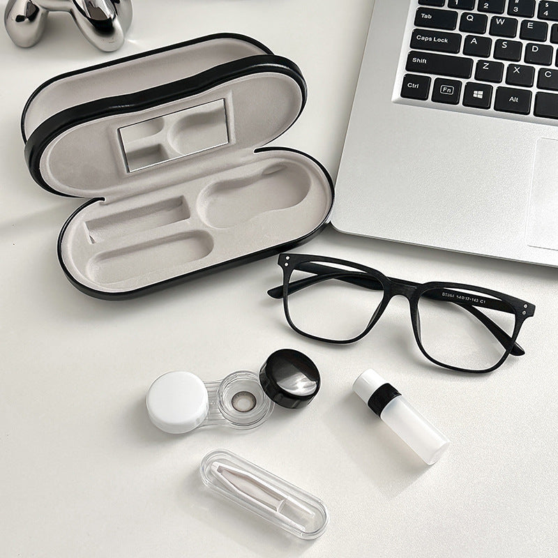 Premium Eye Care Travel Set: 2-in-1 Black Dual-Layer Leather Eyewear Case and Smart Ultrasonic Contact Lens Cleaner with Mirror & Lens Care Kit