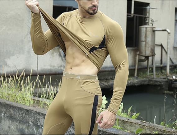 XL Size Green Men's Tactical 4-Way Stretch Fleece Lined Thermal Underwear Set - Winter Sweat-Wicking & Breathable Sportswear for Training & Outdoors