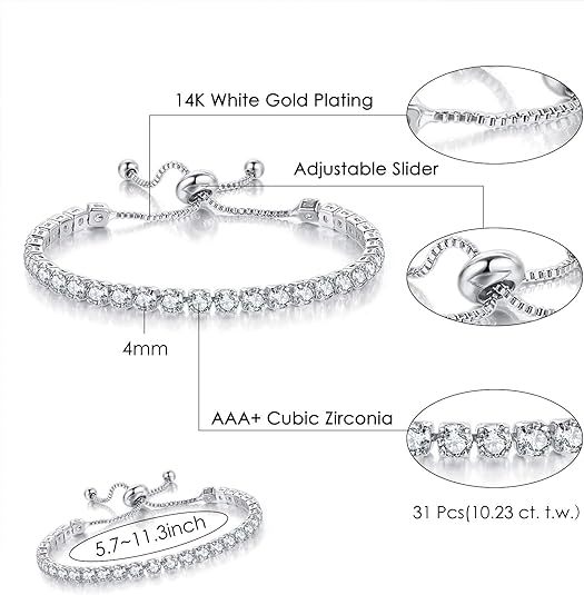 Silver High-Sparkle Cubic Zirconia Single Row Iced-Out Tennis Bracelet (5.7" to 11.3") - Minimalist Geometric Dainty Jewelry