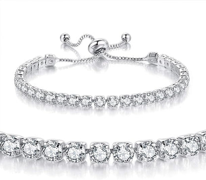 Silver High-Sparkle Cubic Zirconia Single Row Iced-Out Tennis Bracelet (5.7" to 11.3") - Minimalist Geometric Dainty Jewelry