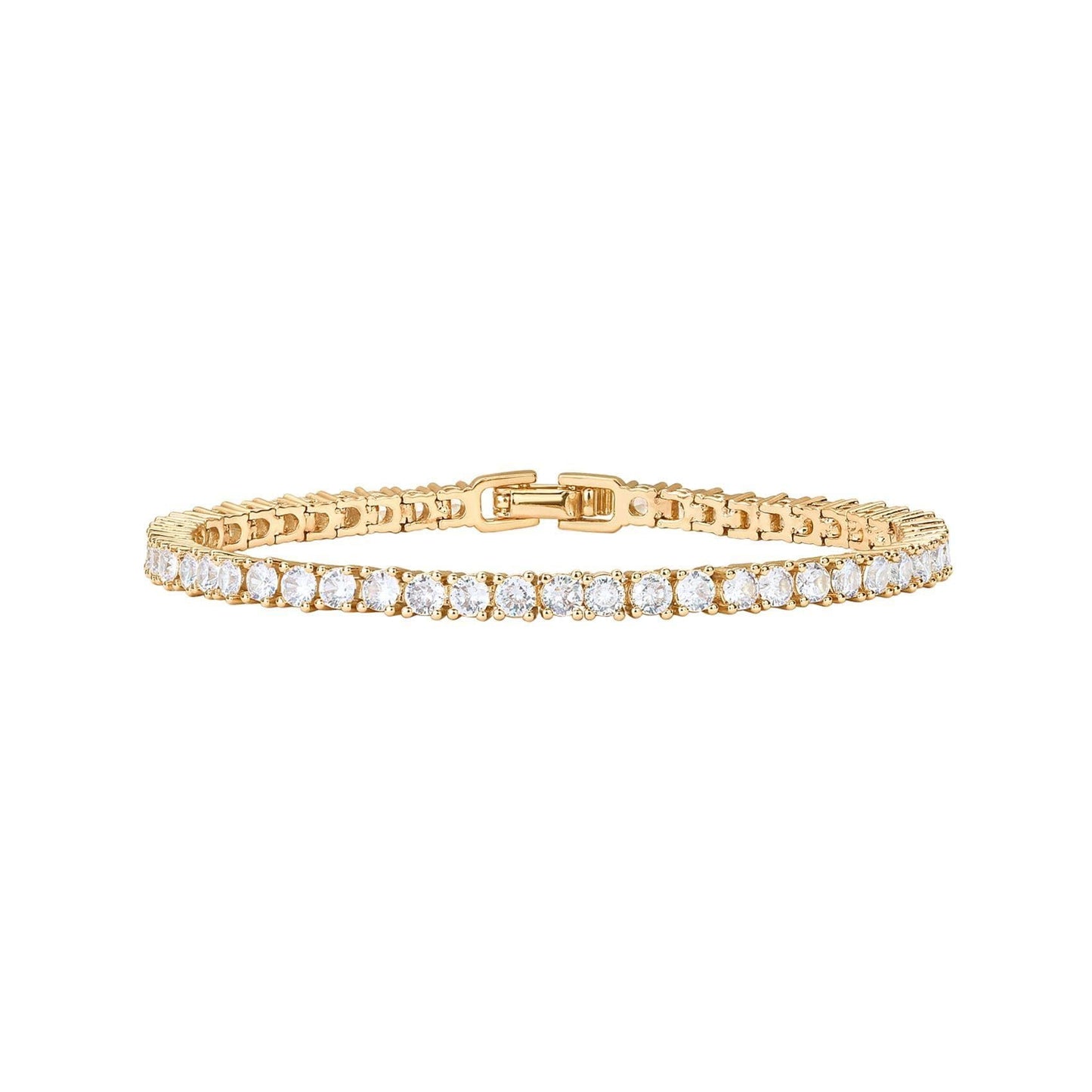 Gold 4.0mm Iced-Out Zirconia Tennis Bracelet with Secure Clasp - Classic Luxury Rhinestone Tennis Chain for Men & Women (7 Inches)