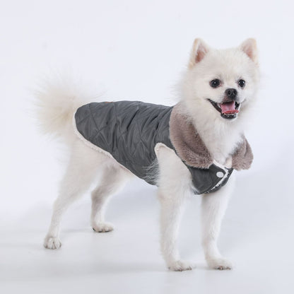 M Size Grey Winter Padded Cotton Dog Thermal Plaid Vest with Faux Fur Collar - Thick Fleece-Lined Warm Pet Jacket