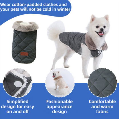 M Size Grey Winter Padded Cotton Dog Thermal Plaid Vest with Faux Fur Collar - Thick Fleece-Lined Warm Pet Jacket
