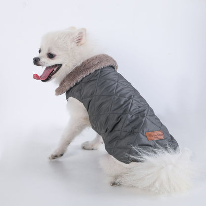 L Size Grey Winter Padded Cotton Dog Thermal Plaid Vest with Faux Fur Collar - Thick Fleece-Lined Warm Pet Jacket
