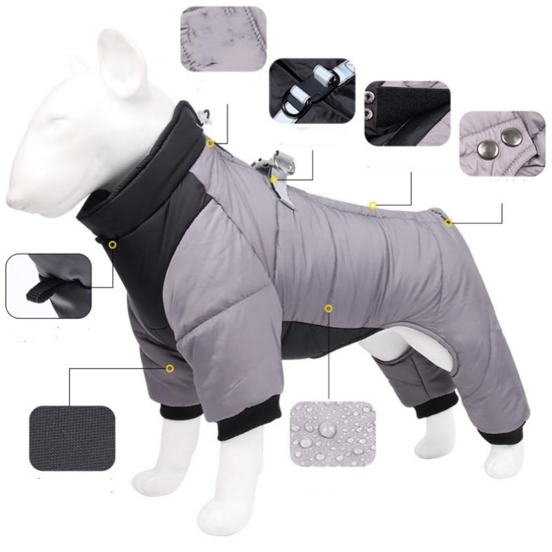 3XL Size Grey Winter Waterproof Dog 4 Leg Jumpsuit for Full Body Warmth - Reflective Windproof Pet Puffer Coat with Integrated Harness