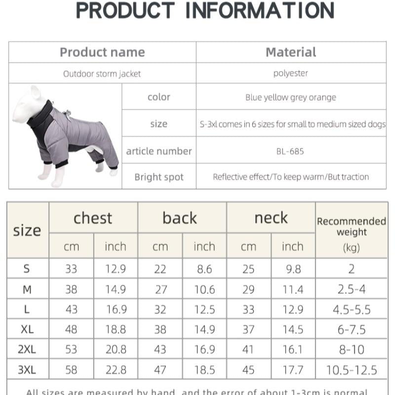 3XL Size Grey Winter Waterproof Dog 4 Leg Jumpsuit for Full Body Warmth - Reflective Windproof Pet Puffer Coat with Integrated Harness