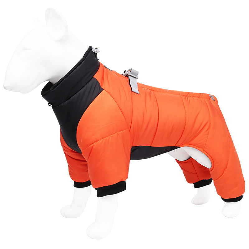 M Size Orange Winter Waterproof Dog 4 Leg Jumpsuit for Full Body Warmth - Reflective Windproof Pet Puffer Coat with Integrated Harness